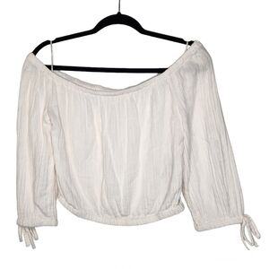 Roxy Crop Top Off the Shoulder 3/4 Sleeve White Bali Shore Gauze Cotton Logo